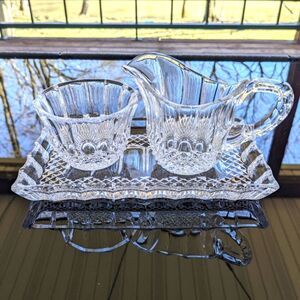 Cut Lead Crystal Sugar Creamer Tray Set Germany Hobnail Exquisite Detail MCM